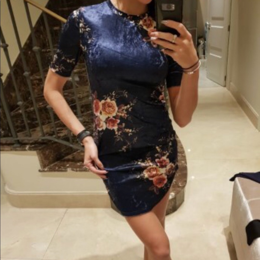 Navy blue velvet floral dress